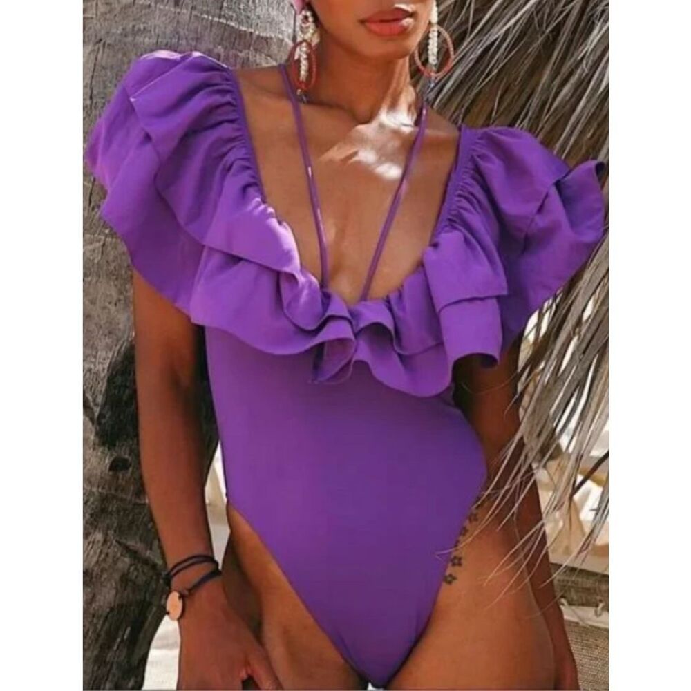 ZARA NWT Fashion Maxi Ruffle V Neck Purple Swimsuit Size S